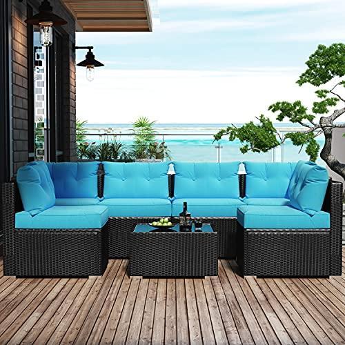 Amolife 7 Pieces Patio PE Rattan Sofa Chair Set Outdoor Sectional Furniture Black Wicker Conversation Set with Cushions and Tea Table