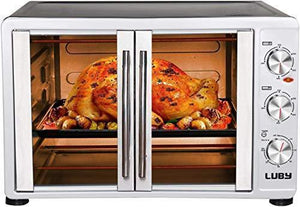 Luby Large Toaster Oven Countertop French Door Designed, 18 Slices, 14” pizza, 20lb Turkey, Silver