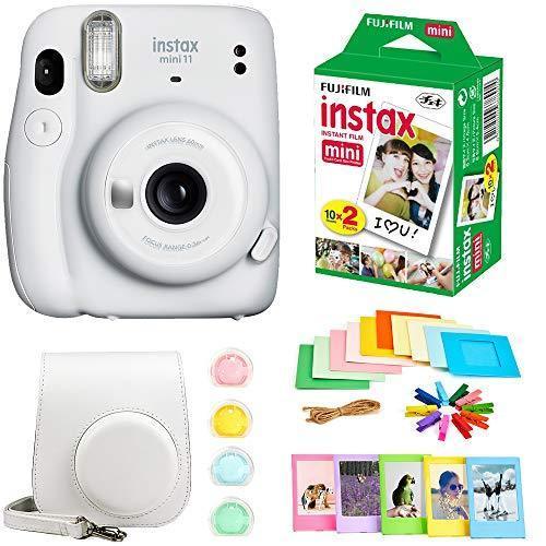 Fujifilm Instax Mini 11 Instant Camera + Instax Mini Twin Pack Film + Hanging Frames + Plastic Frames + Case + Close Up Filters – All Inclusive Bundle! (Ice White)