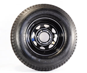 Rainier ST ST225/75R15 LRD 8 PR Radial Trailer Tire on 15 6 Lug Black Spoke Trailer Wheel