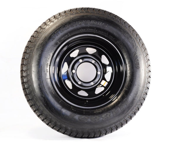 Rainier ST ST225/75R15 LRD 8 PR Radial Trailer Tire on 15 6 Lug Black Spoke Trailer Wheel