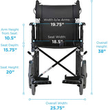 Lightweight Transport Chair with Locking Hand Brakes, 12” Rear Wheels, Removable & Flip Up Arms for Easy Transfer, Anti-Tippers Included, Black