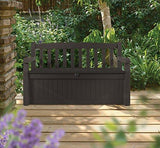 Keter Eden 70 Gallon Storage Bench Deck Box for Patio Furniture, Front Porch Decor and Outdoor Seating – Perfect to Store Garden Tools and Pool Toys,Brown / Brown