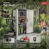 Keter Premier Tall Resin Outdoor Storage Shed with Shelving Brackets for Patio Furniture, Pool Accessories, and Bikes, Grey & Black