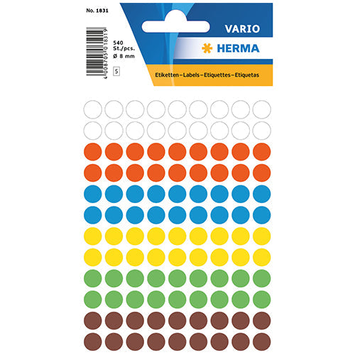 Multi-purpose Labels Round 8mm Assorted Colours (1831)