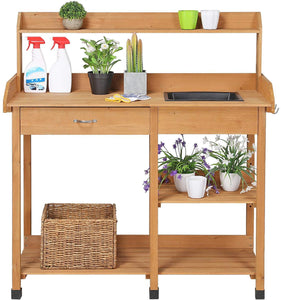 Potting Bench Outdoor Garden Work Bench Station Planting Solid Wood Construction w/Sink Drawer Rack Shelves Natural