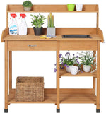 Potting Bench Outdoor Garden Work Bench Station Planting Solid Wood Construction w/Sink Drawer Rack Shelves Natural