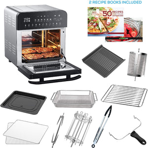 14.7-Quart Air Fryer Grill with Dual Heating Elements & Oven with Rotisserie, Dehydrator, Preheat and Broil Functions + 11 Accessories with 2 Recipe Books (Stainless Steel/Black), Ultimate