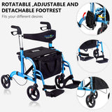 2 in 1 Rollator-Transport Chair w/Paded Seatrest, Reversible Backrest and Detachable Footrests, Sky Blue