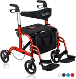 2 in 1 Rollator-Transport Chair w/Paded Seatrest, Reversible Backrest and Detachable Footrests, Sky Blue