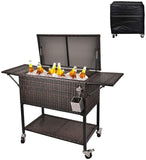 80 Quart Rattan Rolling Cooler Cart, Portable Wicker Cooler Trolley, Backyard Party Drink Beverage Bar, Ice Chest with Wheels (Black)