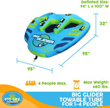 Big Glider Towable, Inflatable Water Tube for 4, Boating Tube for Lake, Beach, River, Snow. Watersports Towables has Dual Boston Valve for Quick Inflation, Deflation – 4 Man Toys & Floats