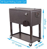 80QT Patio Cooler Cart, Beverage Outdoor Cooler with Shelf, Bottle Cap Catch Bin & Bottle Opener, Brown.