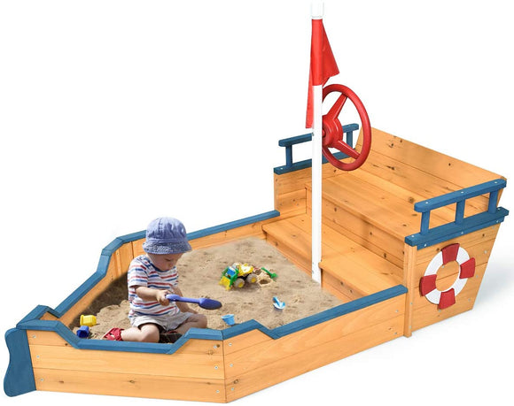 Pirate Boat Wood Sandbox for Kids, Wooden Pirate Sandboat Covered Sandboxes w/Bench Seat, Flag, Storage Space, Non-Woven Fabric Cloth, Children Outdoor Playset for Backyard, Home, Lawn, Garden