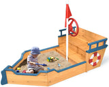Pirate Boat Wood Sandbox for Kids, Wooden Pirate Sandboat Covered Sandboxes w/Bench Seat, Flag, Storage Space, Non-Woven Fabric Cloth, Children Outdoor Playset for Backyard, Home, Lawn, Garden