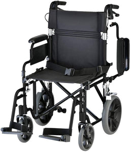Lightweight Transport Chair with Locking Hand Brakes, 12” Rear Wheels, Removable & Flip Up Arms for Easy Transfer, Anti-Tippers Included, Black