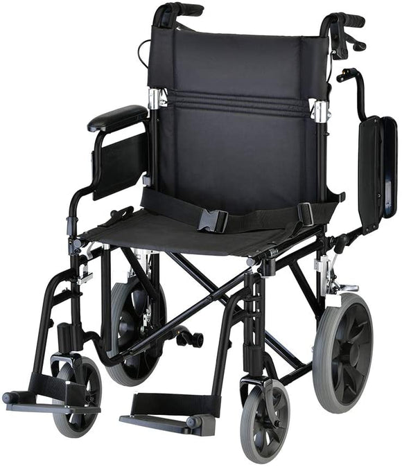 Lightweight Transport Chair with Locking Hand Brakes, 12” Rear Wheels, Removable & Flip Up Arms for Easy Transfer, Anti-Tippers Included, Black