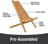 Tamarack Folding Wooden Outdoor Chair – Foldable Low Profile Acacia Wood Lounge Chair for the Patio, Porch, Deck, Lawn, Garden or Home Furniture – No Assembly Required