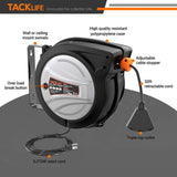 TACKLIFE Retractable Extension Cord, 50FT+4.5, 14AWG / SJTOW Cord Reel, Slow Retraction Technology with Triple Socket, Auto Rewind and Any Length Lock – ECR01A