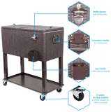 80QT Patio Cooler Cart, Beverage Outdoor Cooler with Shelf, Bottle Cap Catch Bin & Bottle Opener, Brown.