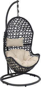 Sunnydaze Cordelia Hanging Egg Chair with Steel Stand Set – Resin Wicker Porch Swing – Large Basket Design Patio Swing- Outdoor Lounging Chair – Includes Beige Cushion and Headrest