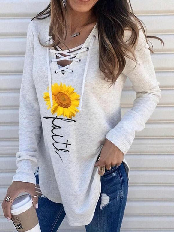 Sunflower Print V-Neck Long Sleeves Sweatshirt