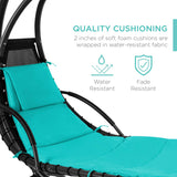 Outdoor Hanging Curved Steel Chaise Lounge Chair Swing w/Built-in Pillow and Removable Canopy, Teal