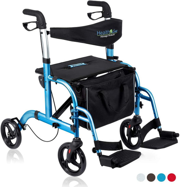 2 in 1 Rollator-Transport Chair w/Paded Seatrest, Reversible Backrest and Detachable Footrests, Sky Blue