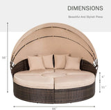 Outdoor Patio Round Daybed with Retractable Canopy, Brown Wicker Furniture Clamshell Sectional Seating with Washable Cushions, Backyard, Porch, Pool