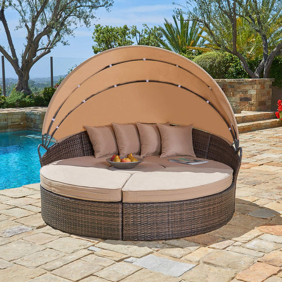 Outdoor Patio Round Daybed with Retractable Canopy, Brown Wicker Furniture Clamshell Sectional Seating with Washable Cushions, Backyard, Porch, Pool