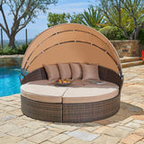 Outdoor Patio Round Daybed with Retractable Canopy, Brown Wicker Furniture Clamshell Sectional Seating with Washable Cushions, Backyard, Porch, Pool