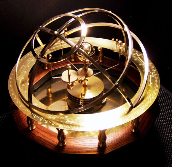 Grand Orrery with 9 planets in brass, stone and oak