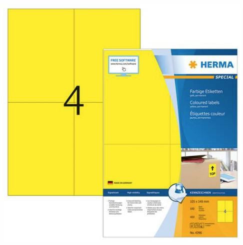Coloured Labels A4, 105 x 148 mm, Yellow, Permanent Adhesion (4396)