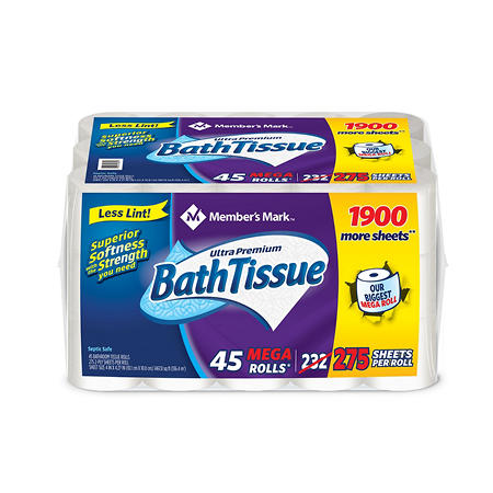Member’s Mark Ultra Premium Soft and Strong Toilet Paper, 2-Ply Mega Roll Bath Tissue (275 sheets, 45 rolls)