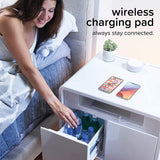 SOBRO Smart Side/Nightstand Table – with Cooling Drawer, Wireless Charging, Bluetooth Speakers, USB-C and 120V outlets, LED Light, White/White