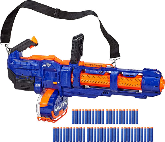 NERF Elite Titan CS-50 Toy Blaster — Fully Motorized, 50-Dart Drum, 50 Official Elite Darts, Spinning Barrel — for Kids, Teens, Adults