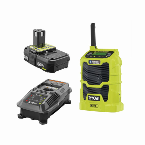 RYOBI 18-Volt ONE+ Cordless Compact Radio with Lithium-Ion 2.0 Ah Battery and Dual Chemistry IntelliPort Charger Kit