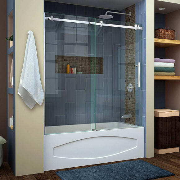 DreamLine Enigma Air 56-60 in. W x 62 in. H Frameless Sliding Tub Door in Brushed Stainless Steel, SHDR-64606210-07