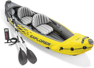 Explorer K2 Kayak, 2-Person Inflatable Kayak Set with Aluminum Oars and High Output Air Pump