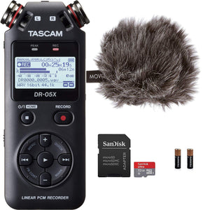 Tascam DR-05X Stereo Handheld Digital Audio Recorder & USB Interface Bundle with Movo’Deadcat’ Windscreen and 32GB Micro SD Card (Latest Version)