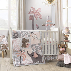 Calypso 4-Piece Crib Bedding Set – Pink, Gray, Gold, Animals, Jungle