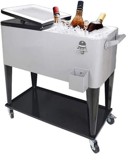 80 Quart Rolling Cooler Cart for Outdoor Patio Deck Party, Portable Party Bar Cold Drink Beverage Cart,Ice Chest with Shelf, Water Pipe and Bottle Opener