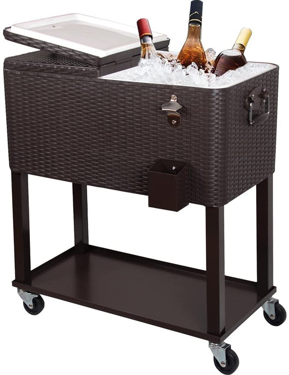 80QT Patio Cooler Cart, Beverage Outdoor Cooler with Shelf, Bottle Cap Catch Bin & Bottle Opener, Brown.