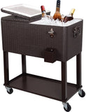 80QT Patio Cooler Cart, Beverage Outdoor Cooler with Shelf, Bottle Cap Catch Bin & Bottle Opener, Brown.