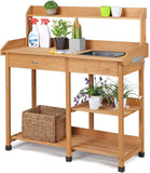 Potting Bench Outdoor Garden Work Bench Station Planting Solid Wood Construction w/Sink Drawer Rack Shelves Natural