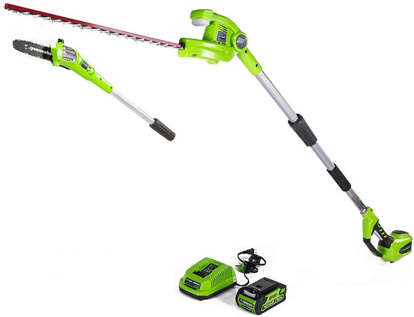 Greenworks 8 Inch 40V Cordless Pole Saw with Hedge Trimmer Attachment 2.0Ah Battery and Charger Included PSPH40B210