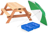 Kids 3-in-1 Outdoor Convertible Wood Activity Sand & Water Picnic Table w/ Umbrella, 2 Play Boxes