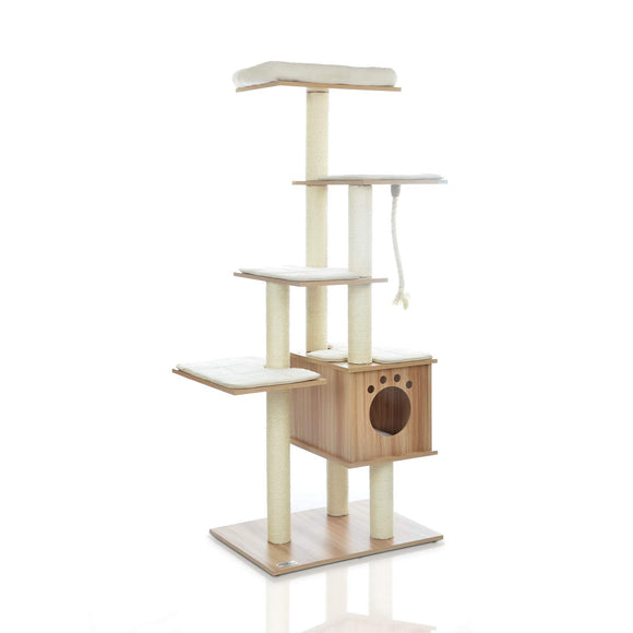 LAZY BUDDY Cat Tree, Wooden Modern Cat Tower, 5 Levels for Cat’s Activity, Cat Furniture with Removable and Washable Mats for Kittens, Large Cats and Pets