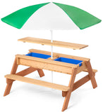 Kids 3-in-1 Outdoor Convertible Wood Activity Sand & Water Picnic Table w/ Umbrella, 2 Play Boxes