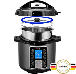 Mueller UltraPot 6Q Pressure Cooker Instant Crock 10 in 1 Pot with German ThermaV Tech, Cook 2 Dishes at Once, BONUS Tempered Glass Lid incl, Saute, Steamer, Slow, Rice, Yogurt, Maker, Sterilizer